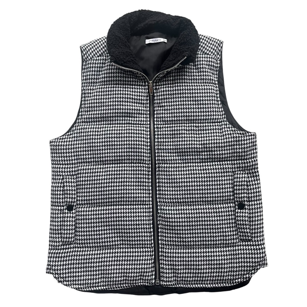 Staccato Women’s S Black White Houndstooth Knit Sherpa Collar Zipper Puffer Vest